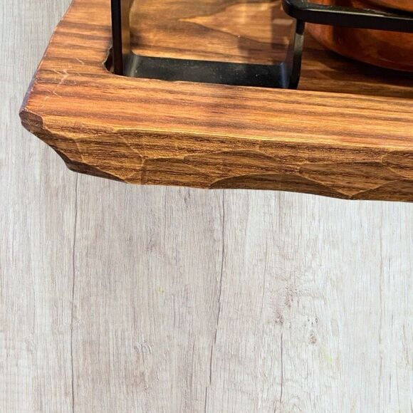 Vintage Spring Swiss Food Warmer Wrought Iron and Copper with Wooden Carved Bas - Picture 3 of 12